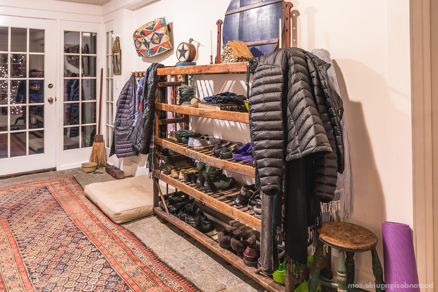 vintage shoe rack in mudroom